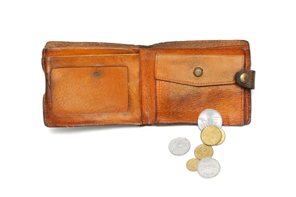 Peněženka a mince, samostatný — Stock fotografie