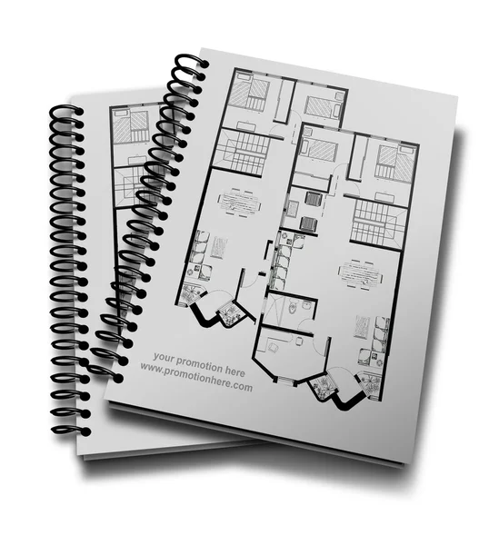 Βιβλίο, σημειωματάριο, σημειωματάριο, με σχέδια του ένα σπίτι — Φωτογραφία Αρχείου