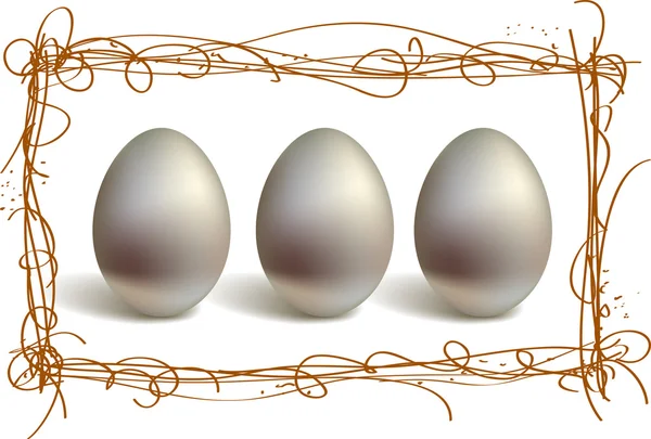 Drie zilveren eieren in het nest frame — Stockvector