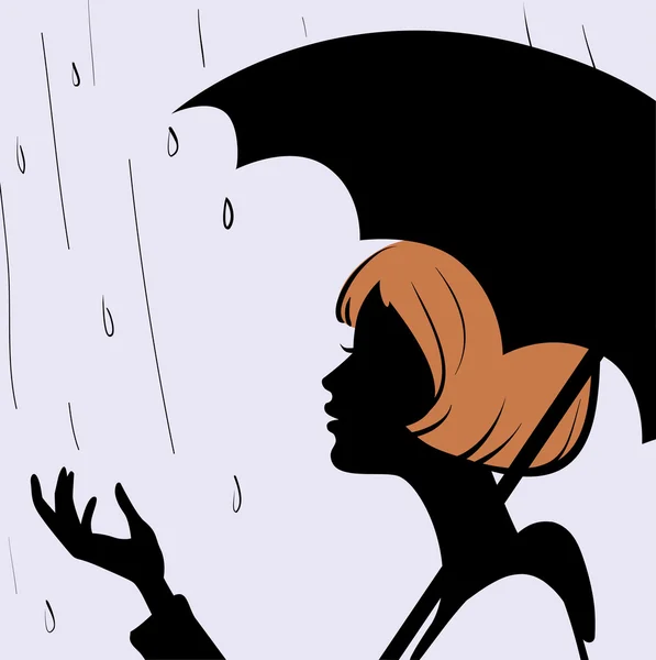 Bella giovane ragazza faccia silhouette con ombrello nero sulla pioggia — Vettoriale Stock