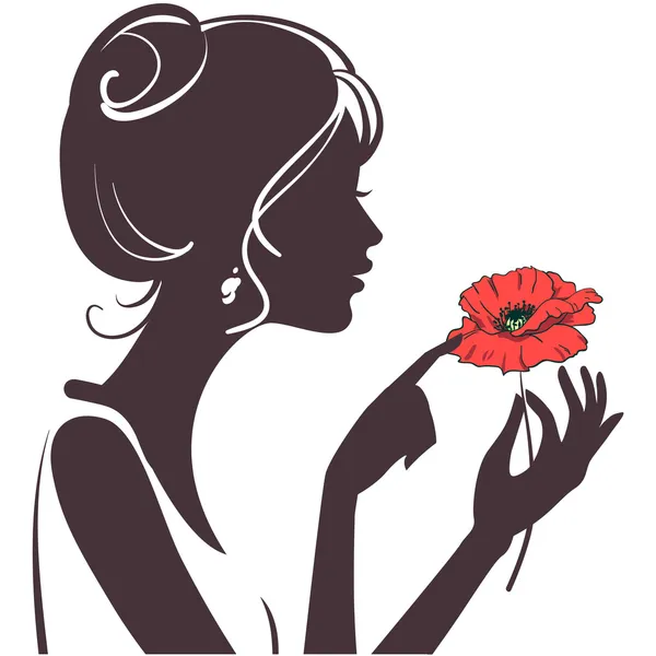 Güzellik kız silueti kırmızı poppy ile — Stok Vektör