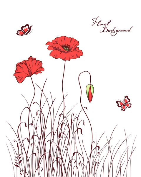 Red poppy & grass silhouettes background vector illustration — Stock Vector
