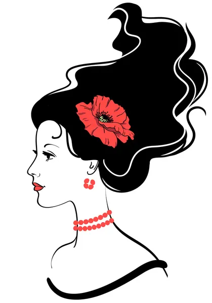 Schönheit Mädchen Gesicht Silhouette mit rotem Mohn in Frisur — Stockvektor