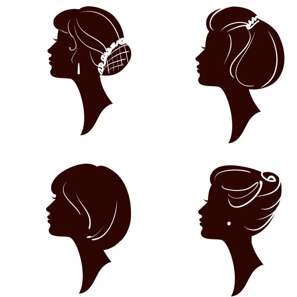 Векторные красивые женщины и девушки силуэты с различными волосами — стоковый вектор