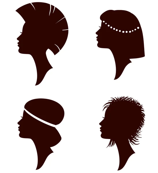 Vektorgrafik vackra kvinnor och tjej siluetter med olika hår — Stock vektor