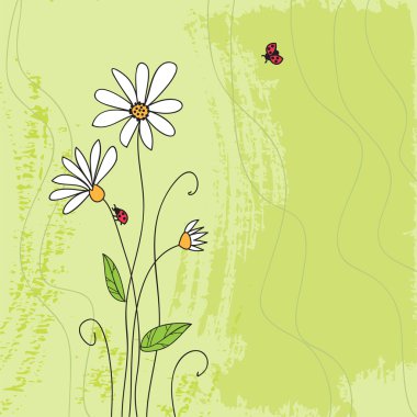 Ladybug on chamomile flower and grunge green grass background clipart