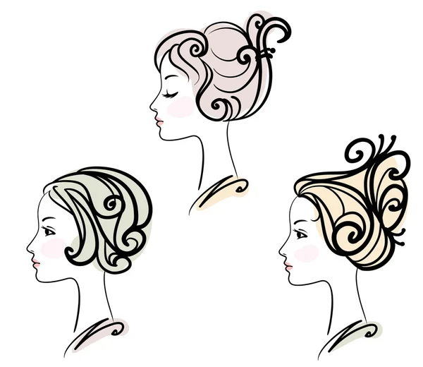 Porträtt av tre kvinnliga med stiliserade frisyrer — Stock vektor
