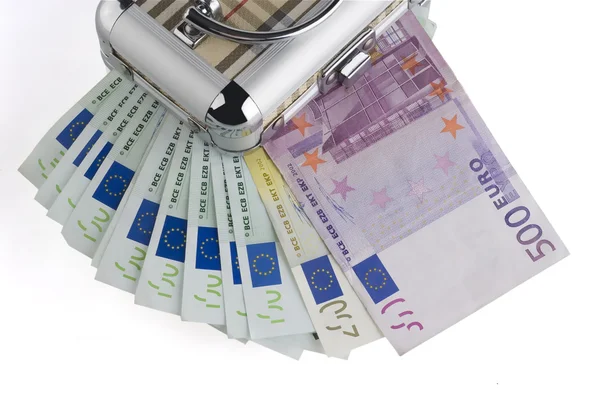 Euron pengar i en låda på en vit bakgrund. — Stockfoto