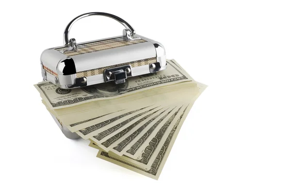 One hundred dollar bills in a box on a white background — Stock Photo, Image