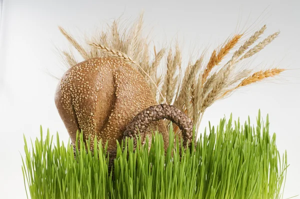 Korb mit Kornbrot und Getreide hinter frühlingsgrünem Gras. — Stockfoto