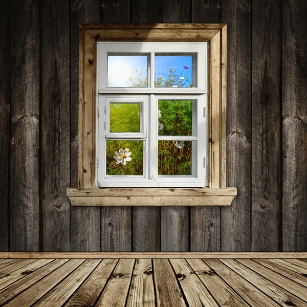 Houten interieur met venster — Stockfoto