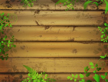 Wooden background with green leaves clipart