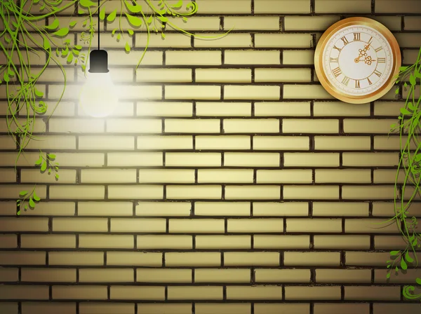 Reloj vintage en la pared de ladrillo en la noche — Vector de stock