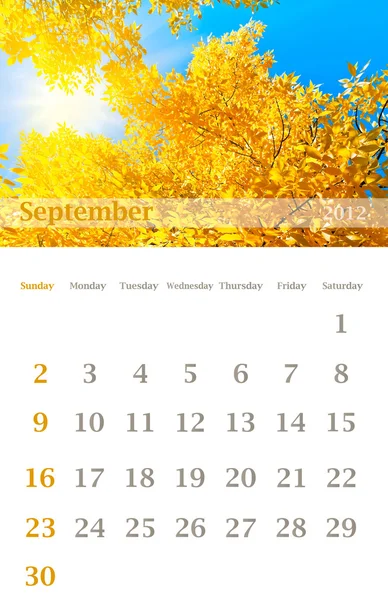 Calendario 2012, septiembre — Foto de Stock