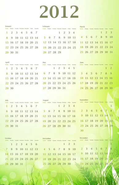 Зеленый календарь 2012 года — стоковый вектор