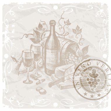 Vintage still life with wine and foods clipart