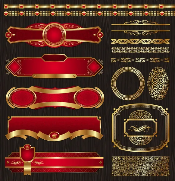 Набор золотых этикеток и узоров в рамке — стоковый вектор
