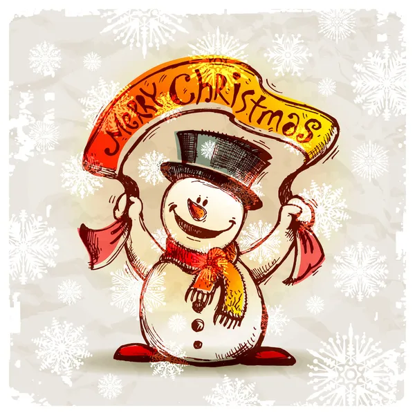 Boneco de neve feliz com banner de férias — Vetor de Stock
