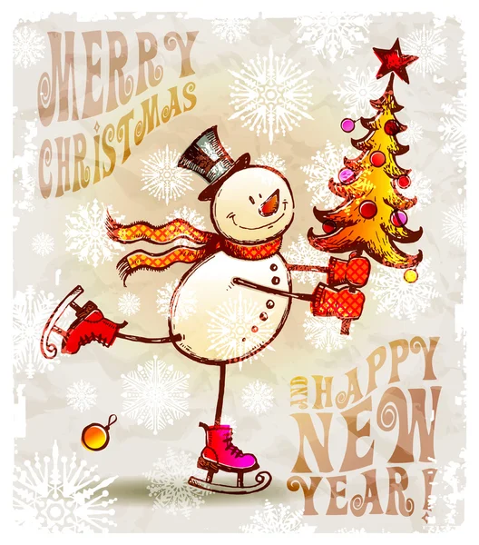 Pattinaggio felice pupazzo di neve con albero di Natale — Vettoriale Stock