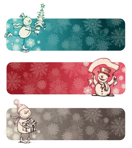 Три рождественских знамена с нарисованными вручную снеговиками — стоковый вектор