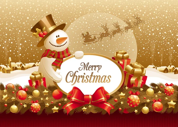 Illustration vectorielle de Noël avec bonhomme de neige, cadeau & cadre pour texte — Image vectorielle