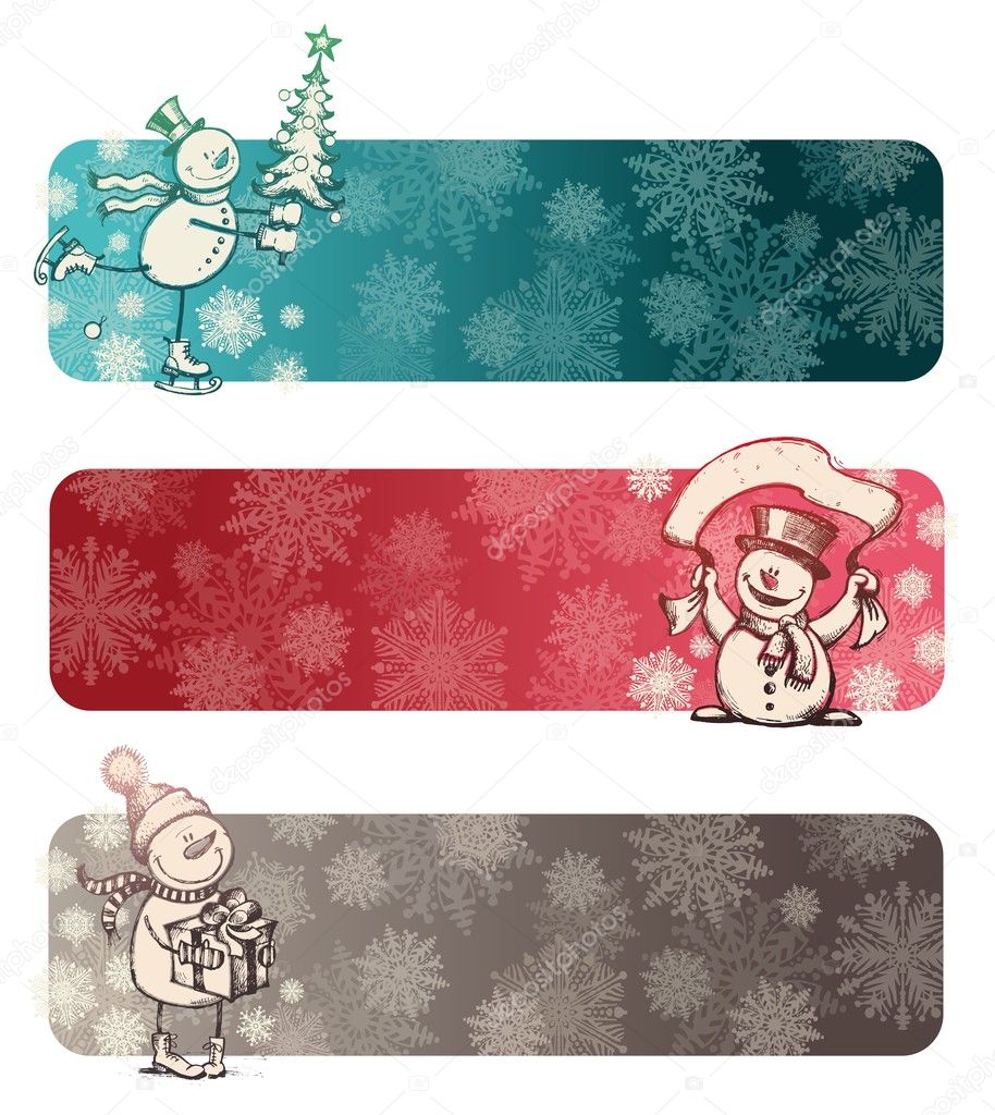 Three Christmas banners with hand drawn snowmans