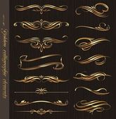 Golden calligraphic vector design elements on a black wood texture