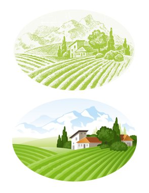 Hand drawn vector landscape with agrarian fields, village and mounains