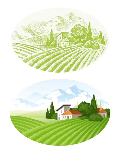 Handgezeichnete Vektorlandschaft mit landwirtschaftlichen Feldern, Dörfern und Bergen — Stockvektor