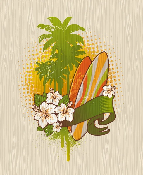Ilustração vetorial - Pintura de emblema de surf tropical em uma placa de madeira —  Vetores de Stock