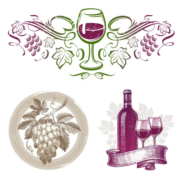Conjunto de vetores - vinho & emblemas de vinificação & rótulos em diferentes estilos — Vetor de Stock