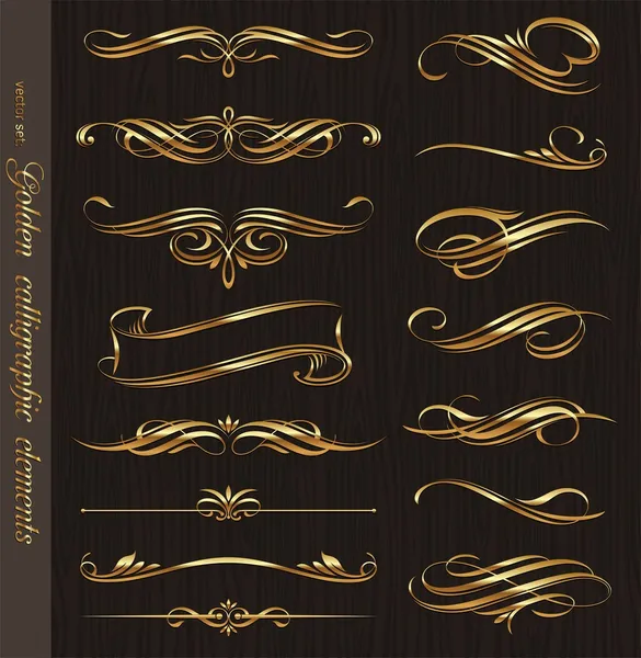 Golden calligraphic vector design elements on a black wood texture — Stok Vektör