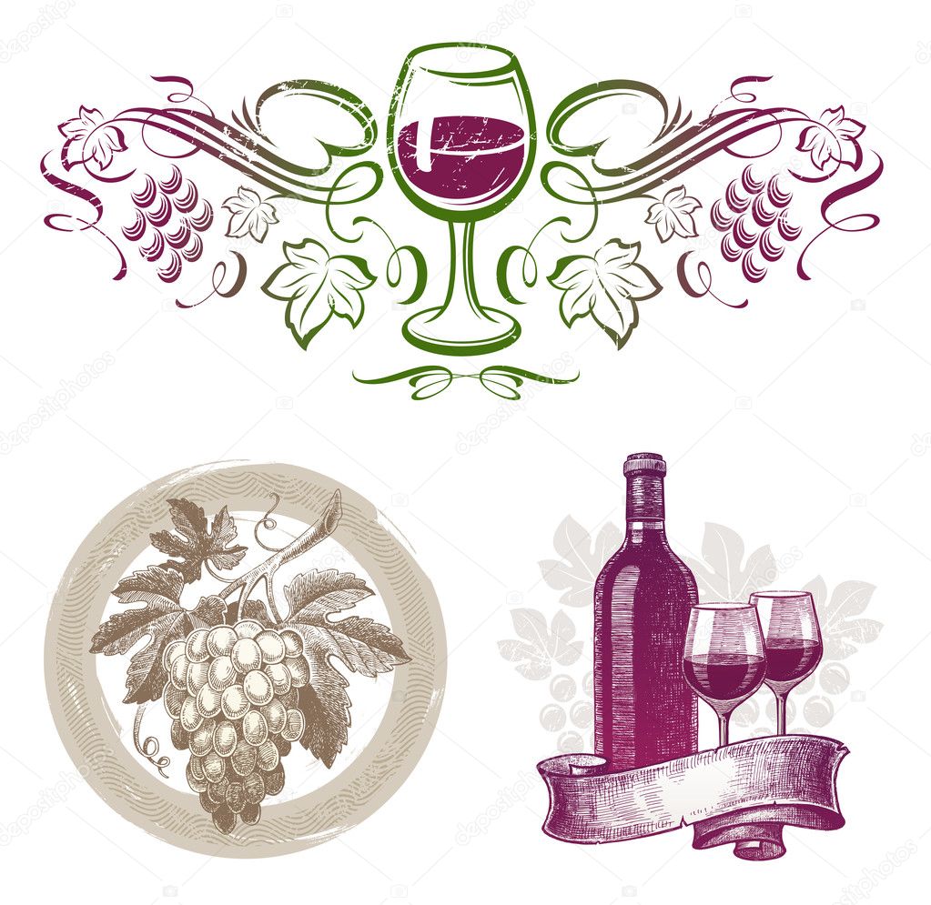 Vector set - wine & winemaking emblems & labels in different styles