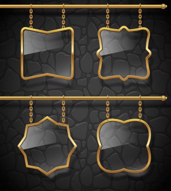 Glass signboards in golden frames hanging on chains clipart