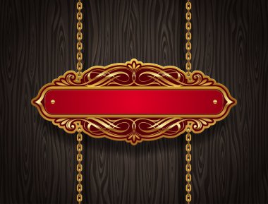 Vector ornate gold vintage signboard hanging on chains clipart