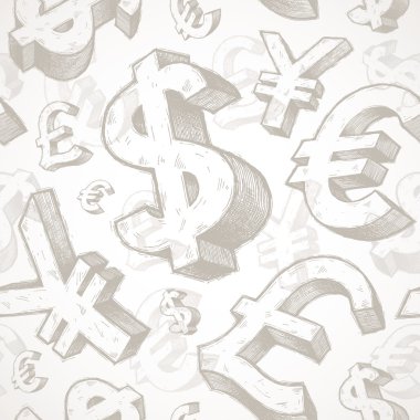 Vector seamless background with hand drawn currency signs clipart