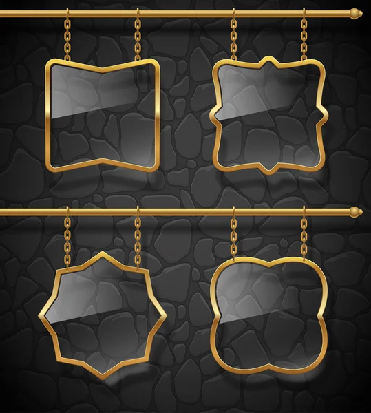 Letreros de vidrio en marcos dorados colgando de cadenas — Vector de stock