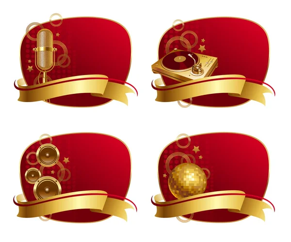 Красные рамки с золотым музыкальным оборудованием и баннерами — стоковый вектор
