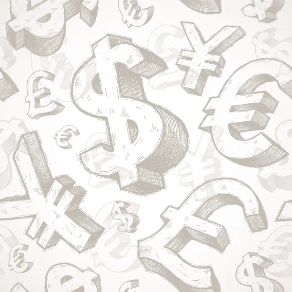 Fundo sem costura vetorial com sinais de moeda desenhados à mão — Vetor de Stock