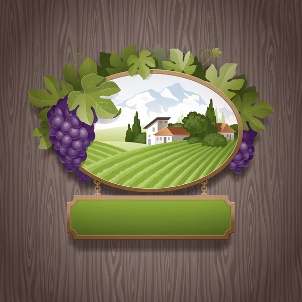 Letrero vintage con uvas e imagen de paisaje rural — Vector de stock