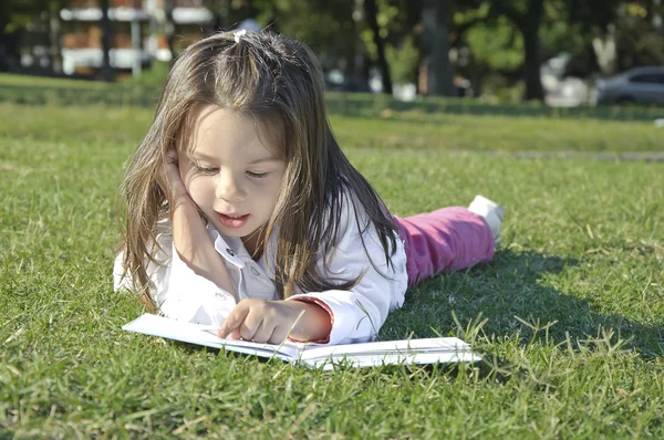 Девушка лежит в траве и читает — стоковое фото