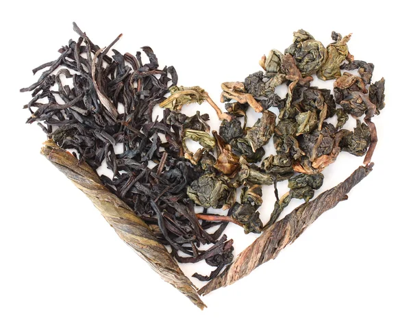 Drie types van thee in de vorm van hart — Stockfoto
