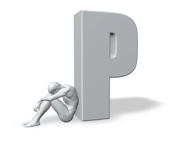 坐人斜靠在大写的字母 p — 图库照片