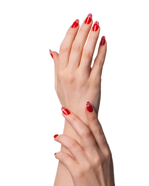 Mãos femininas com manicure francês — Fotografia de Stock