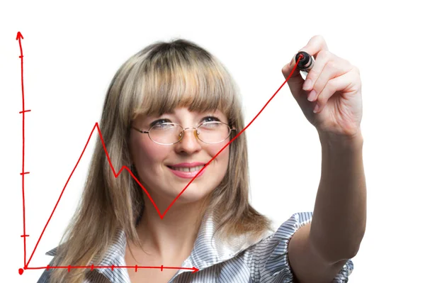 A mulher de negócios desenha pena sentida o gráfico — Fotografia de Stock