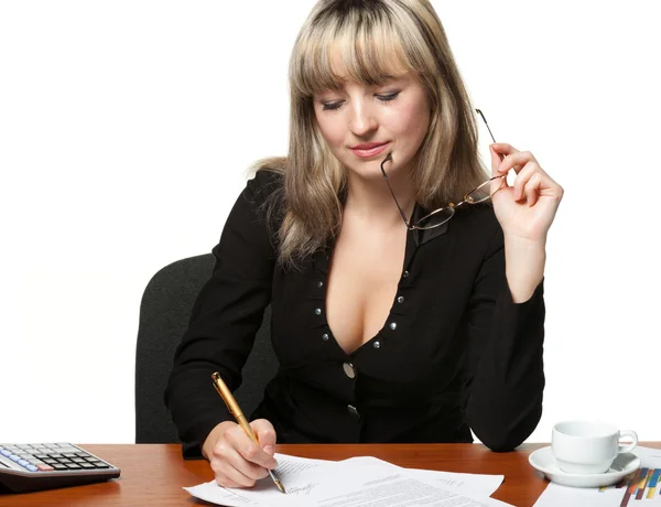 The business woman signs the contract — Stock Photo, Image
