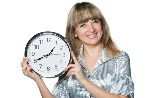 Die Geschäftsfrau mit der Uhr in den Händen — Stockfoto