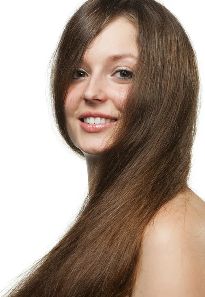 Den vackra flickan med långt och friskt hår — Stockfoto