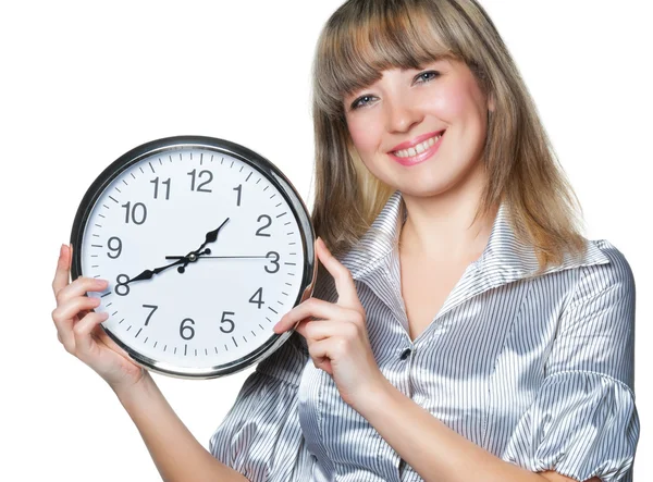 The business woman with clock in hands Royalty Free Stock Photos