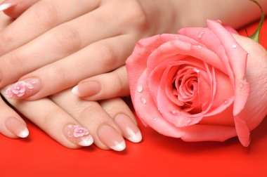 Manicure. Female hands on red background clipart
